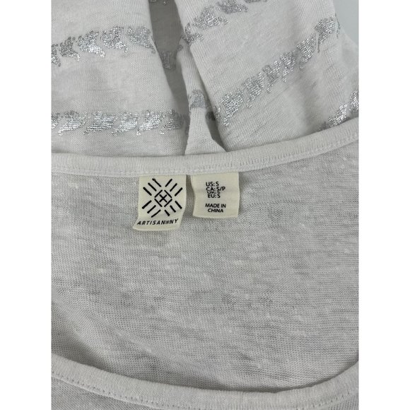 Artisan NY hi lo linen top small white silver elephants short sleeve - Picture 7 of 10